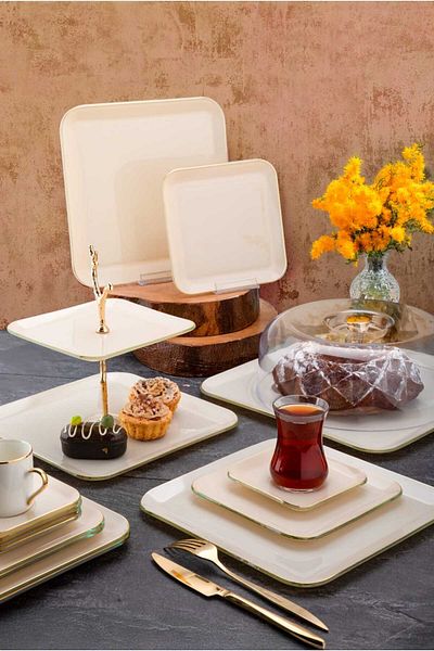 ariana sytle 34 Piece 6-Person Square Gilded Cake Tea Service Catering Set