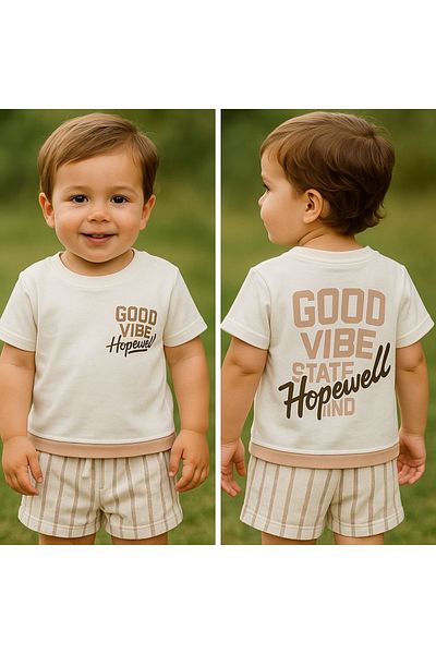 MİNYON BABY Crew Neck Brown Color Cotton Printed Summer T-Shirt Shorts Set