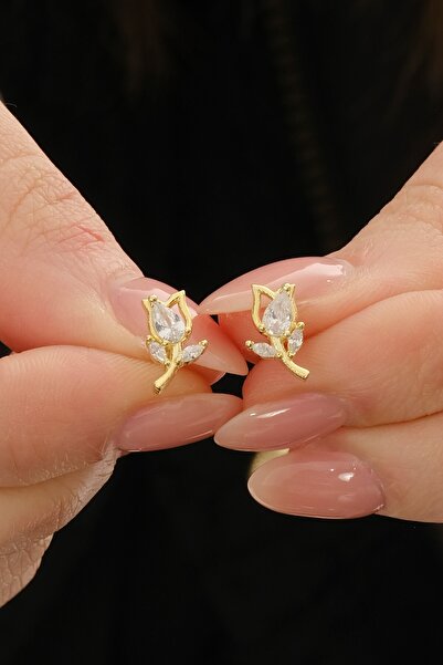 Söğütlü Silver Gümüş altın yaldızlı damla kesim zirkon taşlı lale küpe SGTL12...