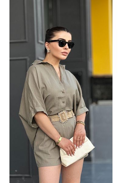My Blog Mink Straw Belted Shirt Shorts Set - 51036