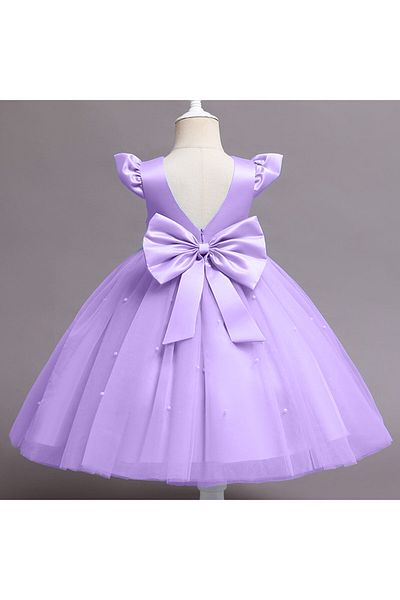 MadyaButik Girl's Lilac Bow Detailed Skirt Pearled Satin Dress