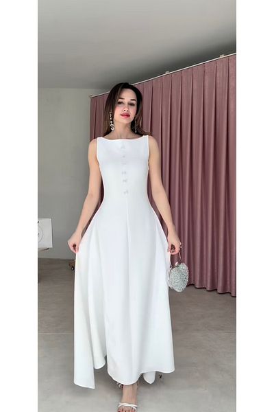 Afiş Butik White Zero Sleeve Bow Tie Removable Brooch Long Dress