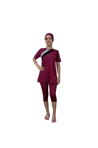 XORVİO Women's Half Sleeve Capri Burkini Water Repellent Fabric Lycra Quick Dry Pattern Semi Covered Pool Swimsuit