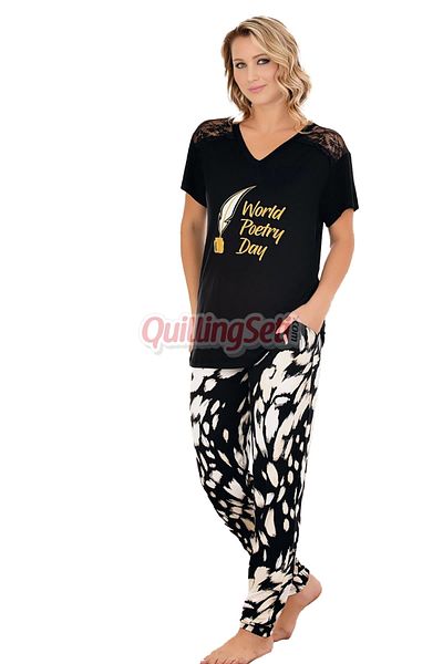 quilling Set de pijamale cu mânecă scurtă pentru femei, cu modele și culori alb-negru, 12589 bumbac