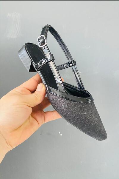 Preshley Women's Tena Black Patent Leather Glittery Open Back Pointed Toe Daily Ballerinas