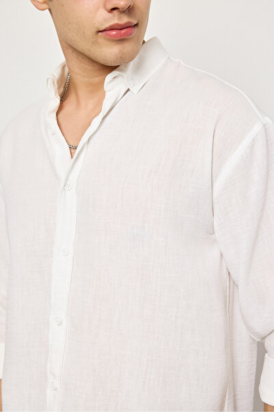 SUN STYLE Λινό Oversize Υφαντό Μακρυμάνικο Πουκάμισο - ΧΡΩΜΑ ECRU