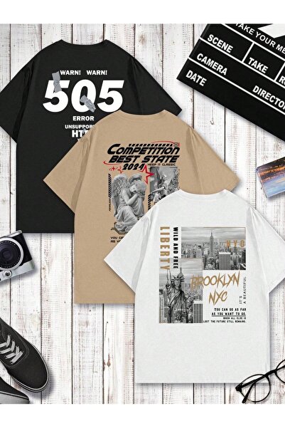 darkopia Tricou oversize imprimat unisex negru, alb, bej, pachet de 3 bucăți.