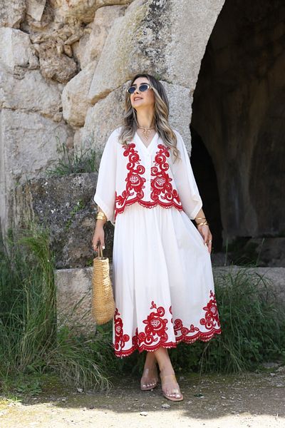 bytugcekaya Red Embroidery Detail Skirt Blouse Set