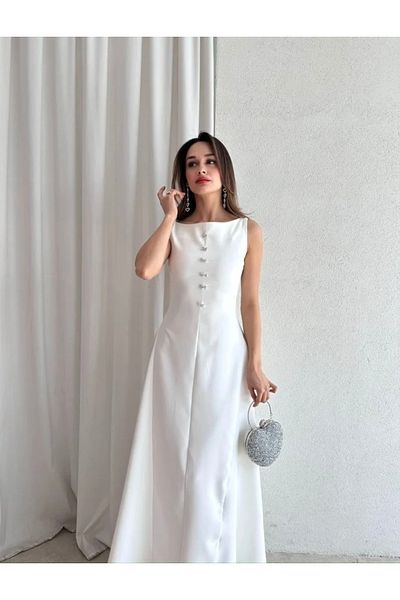 Afiş Butik White Zero Sleeve Bow Tie Removable Brooch Long Dress