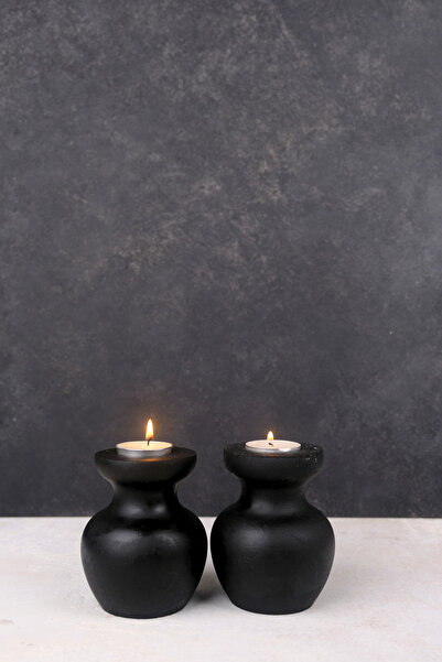 justwood 2 Li Siyah Büyük Nar Model Tealight Ahşap Şamdan Seti Dekoratif Şamdan
