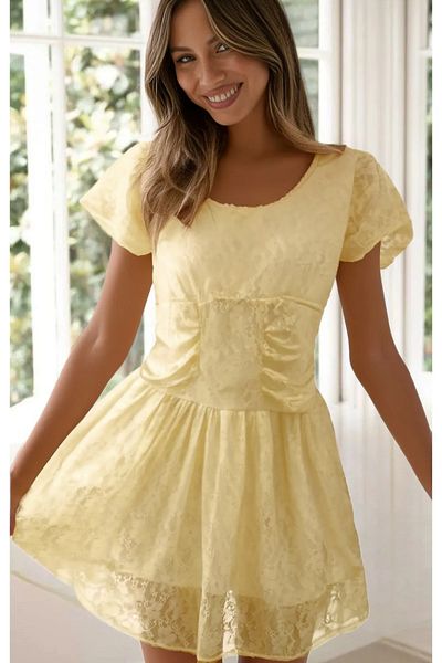 FASHION COCKTAIL Full Lace Summer Thin Semi-Transparent Bohemian Mini Quarter Sleeve Holiday Seaside Beach Dress