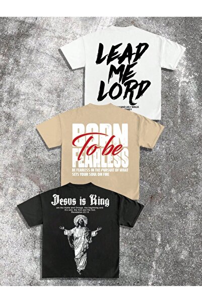 darkopia Tricou oversize unisex negru, alb, bej cu design imprimat, pachet de 3.