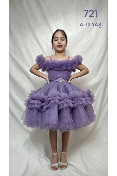 modallita Kız Çocuk Abiye Mor Midi Boy Örgü Kat Kat Tül Detaylı Abiye Elbise