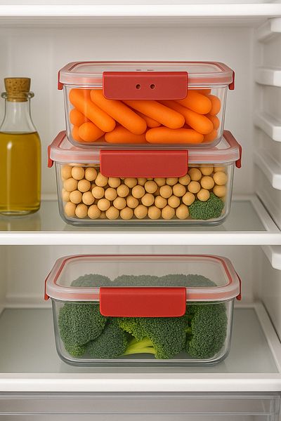 welcomein Set of 3 Rectangular Storage Containers with Red Lid, Airtight, Refrigerator Compatible