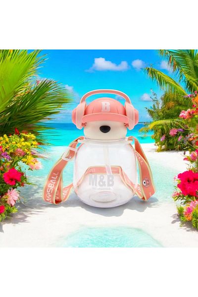 froyalife Quality Teddy Bear Water Bottle with Headphones and Straw Children's Water Bottle - School Water Bottle with Neck Strap 750 ml