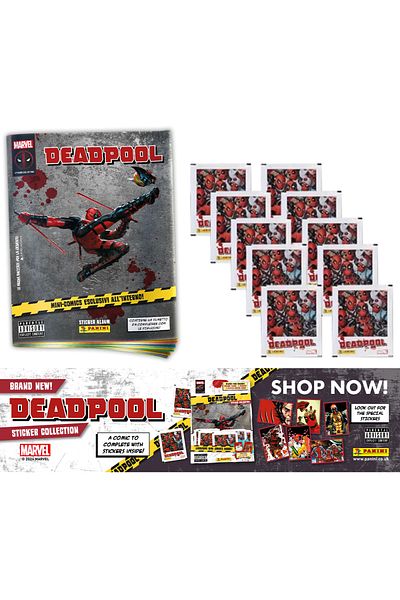 Panini Deadpool Licensed Sticker and Card Collection 1 Album + 10 Pack (40 Stickers + 10 Cards) Set