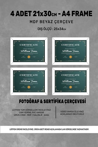 bymat 4 Pieces 21X30 Frame - A4 Frame - Certificate Frame - Photo Frame - Mdf Frame