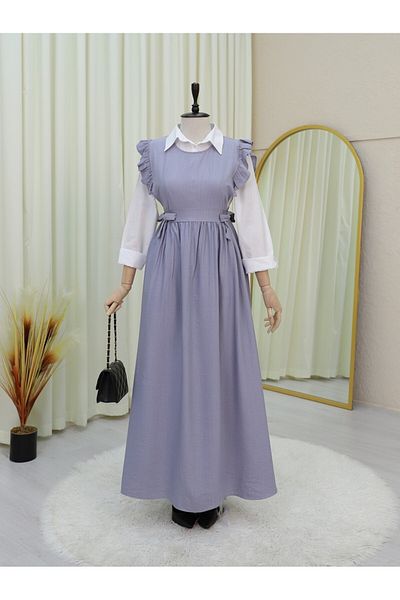 Modamorfo Tie Waist Ruffle Detailed Gilet Dress - Gray