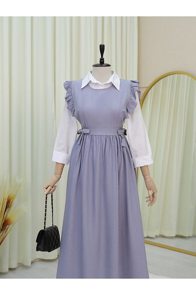 Modamorfo Tie Waist Ruffle Detailed Gilet Dress - Gray