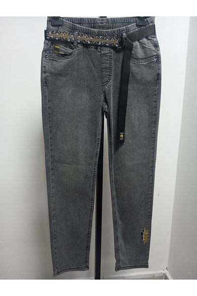 AKŞEN GİYİM Plus Size High Waist Lycra Denim Fabric Washed Smooth Belt Smoked Color Jeans Pants