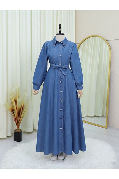 Modamorfo Rochie albastră din denim cu margele - cu nasturi în față, cu cravată în talie