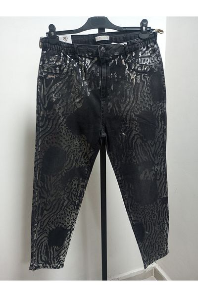 AKŞEN GİYİM Women's Large Size High Waist B Robe with Washed Legs and Stonewashed Foil Printed Denim Jeans Pants