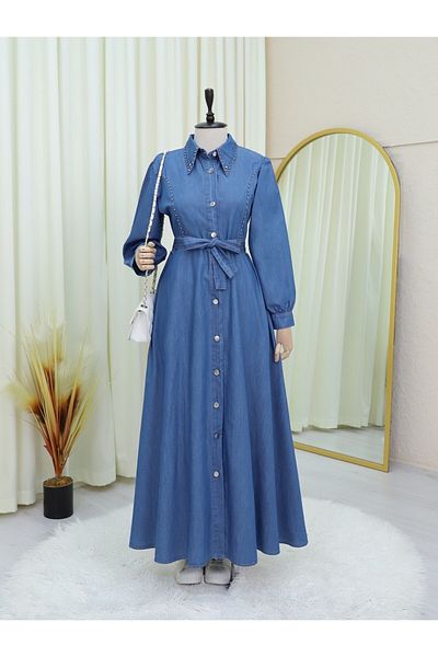 Modamorfo Rochie albastră din denim cu margele - cu nasturi în față, cu cravată în talie