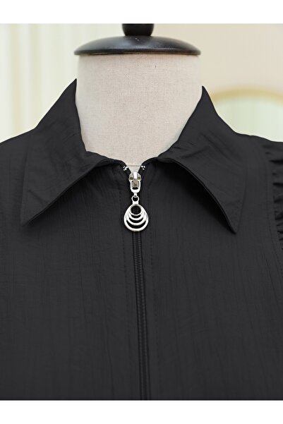 Modamorfo Ruffled Front Half Button Tunnel Lace Dress -Black