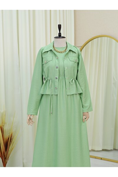 Modamorfo Metal Buttoned Tie Waist Shirt Gilet Dress -A.Green