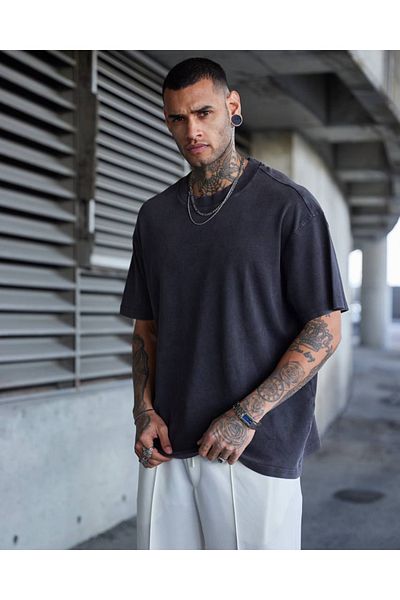THIMOON Men's Black Oversize T-Shirt Vintage Look Washed Comfortable Fit T-Shirt