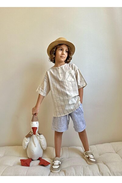 Jolly Kids Boys' Set with Striped and Checked Linen Fabric Shorts