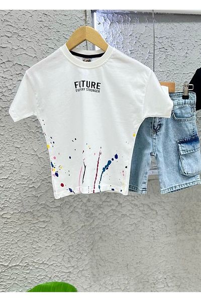 sinmm Boy's Pocket Detailed Denim Shorts T-Shirt Top-Down Set Ymn11