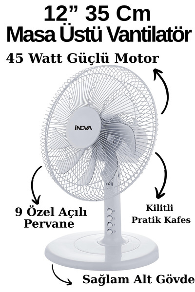 Genel Markalar İnova Masa Üstü Vantilatör Serinletici 12 Inç 35 Cm 9 Pervane 45 Watt