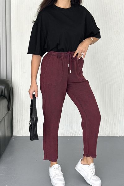 İstangül Butik High Waist Lace-Up Leg Detail Linen Trousers