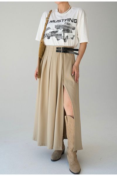 ByEsila Beige Color Midi Length Dress with Pleated Slits and Two Belt Detail
