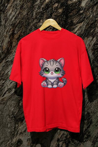 MAGORS Cute Cat Printed Standard Fit Crewneck Cotton Adult Women's and Children's Tee