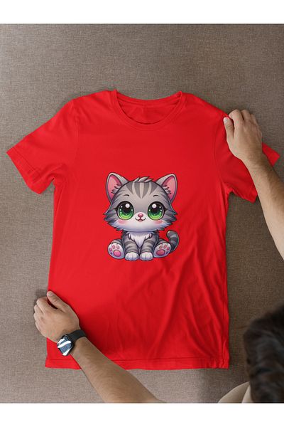 MAGORS Cute Cat Printed Standard Fit Crewneck Cotton Adult Women's and Children's Tee