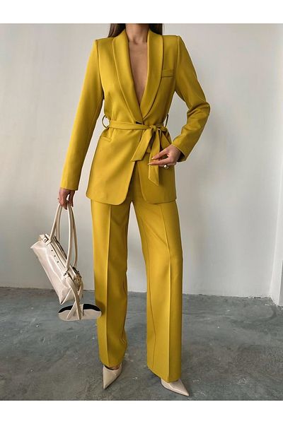 chwain Classic Gird Detailed Mustard Yellow Women's Jacket Pants Suit Cw-3034