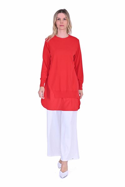 Invee Invee 6987 Chiffon Detailed Red Knitwear Tunic