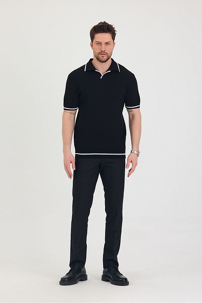 Tarz Cool Fusta cu mâneci cu guler pentru bărbați Tricou negru din tricotaje cu detaliu linie albă
