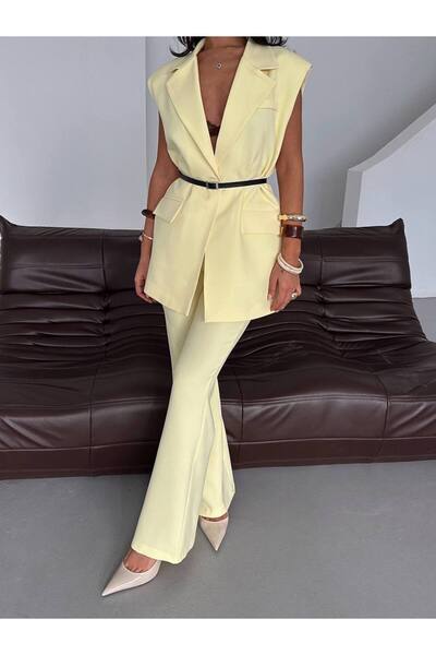 Melike Bakar Boutique Yellow Vest with Belt Detail