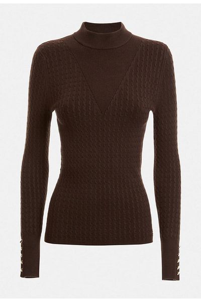 Guess LS BETTIE CABLE MOCK women's sweatshirt brown