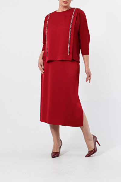 ELLA DİZAYN Stone Handwork Detail Satin Double Bluz Skirt Bottom Top Set