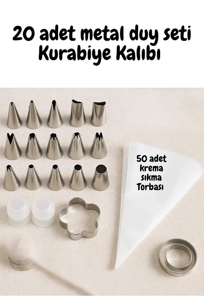 BRE HOME Cake Decoration Set |   20 Pieces of Cream Tips + 50 Pieces of Disposable Cream Bags + Cookie Mold