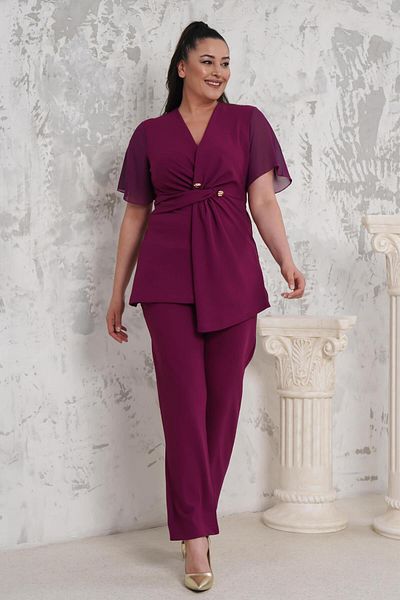 ZISHAN Double Breasted Neckline Button Detail Chiffon Sleeves Plus Size Evening Dress Suit 023