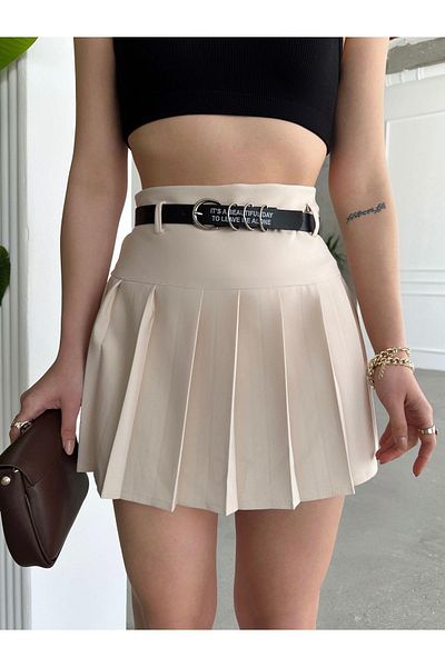 Jeevee Crepe Fabric Printed Belt Pleated Shorts Skirt
