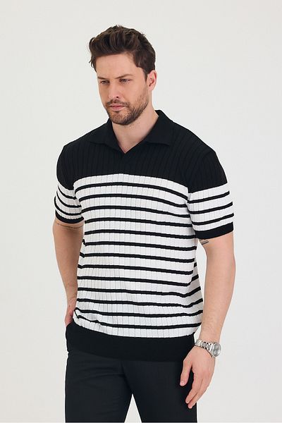Tarz Cool Tricou tricot negru cu gât polo pentru bărbați cu detaliu alb