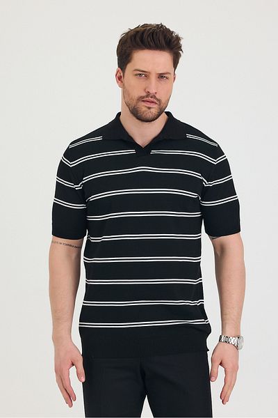 Tarz Cool Tricou tricot negru cu gât polo alb cu linie dublă
