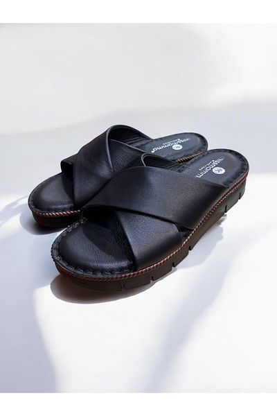 Cozi company Genuine Leather Full Orthopedic Soft Sole Black Women's Slippers