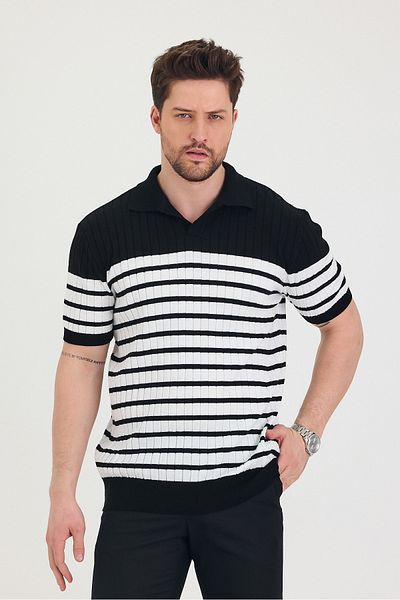 Tarz Cool Tricou tricot negru cu gât polo pentru bărbați cu detaliu alb